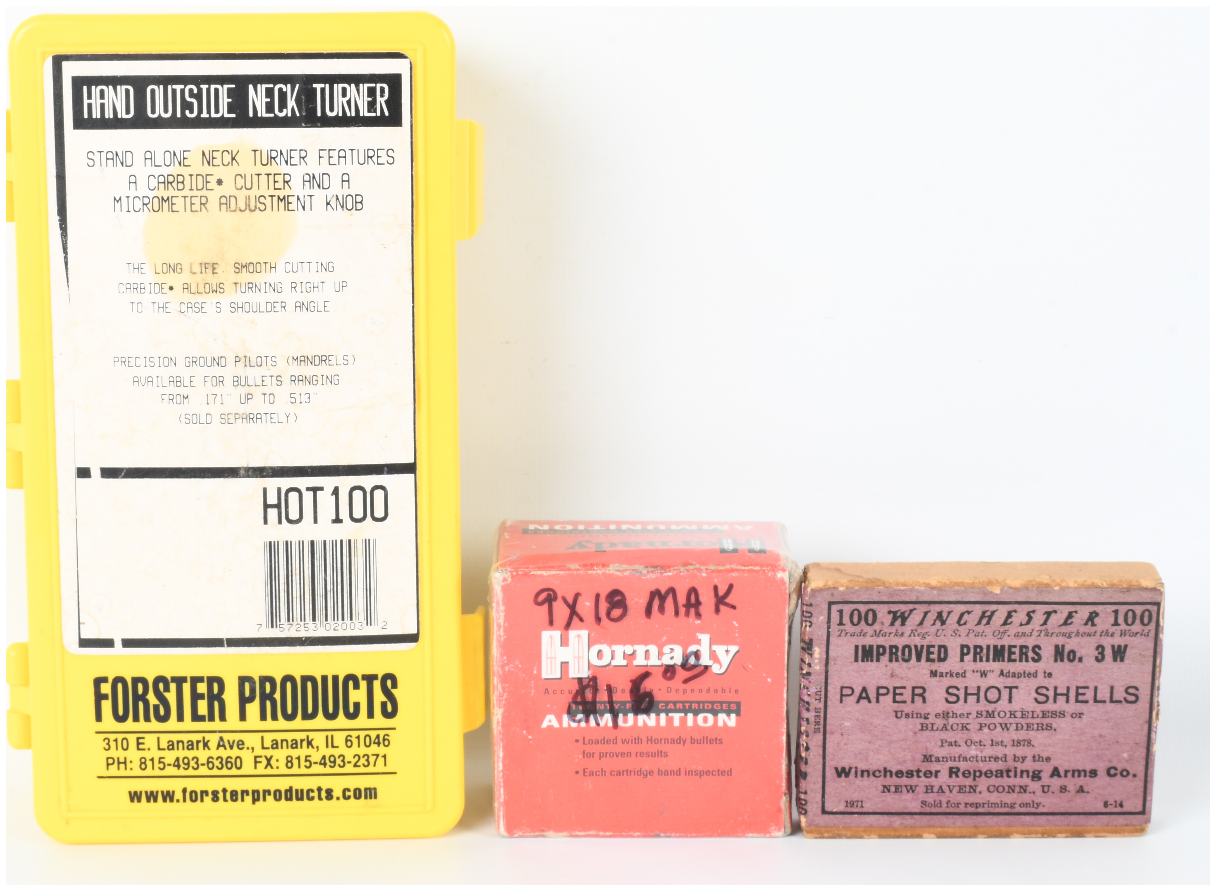 A Trio of Shooting Items Including a Forster HOT100 Neck Turner, Hornady 9x18mm Makarov Ammunition, and Winchester Primers