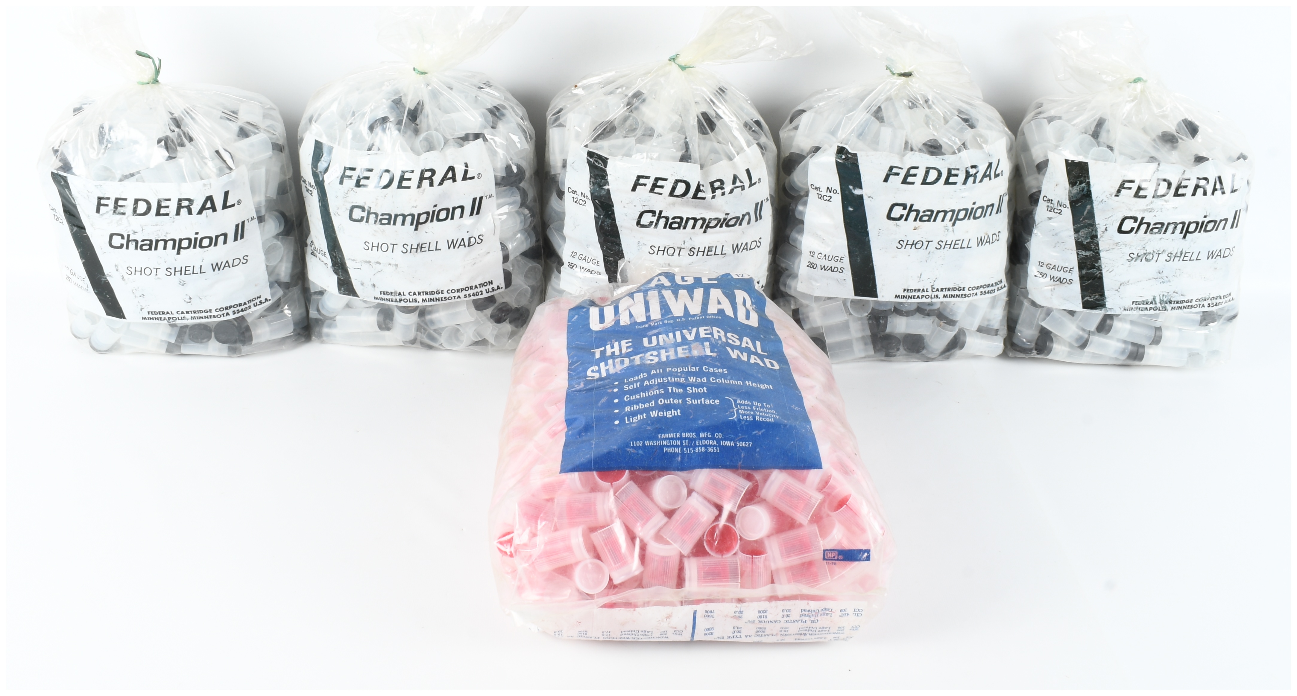 A Lot of 6 Bags of Federal Champion II and Lage Uniwad 12 Gauge Shotgun Shell Wads