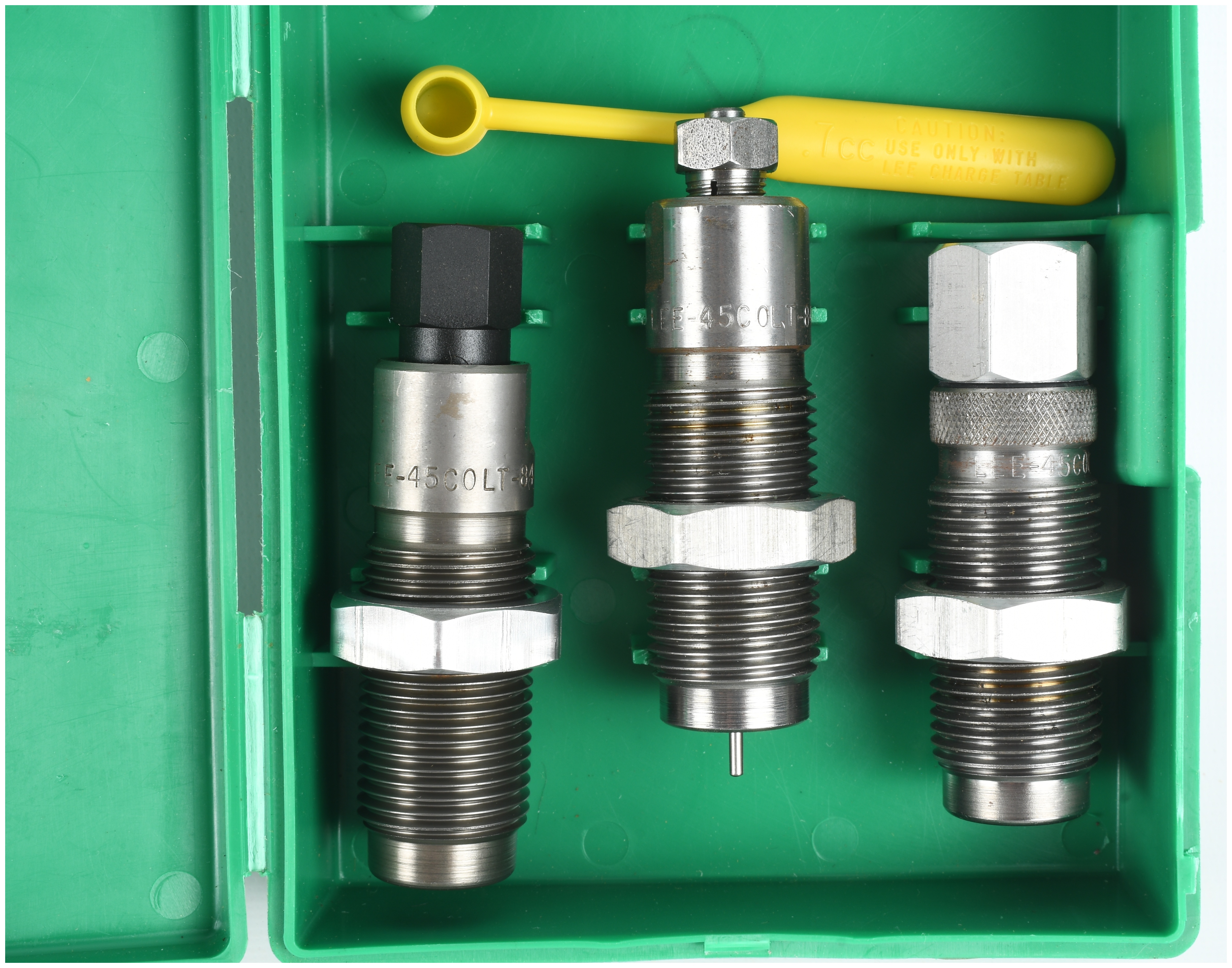 A 1 Die set of Lee .45 Colt Steel Reloading Dies in an RCBS Case