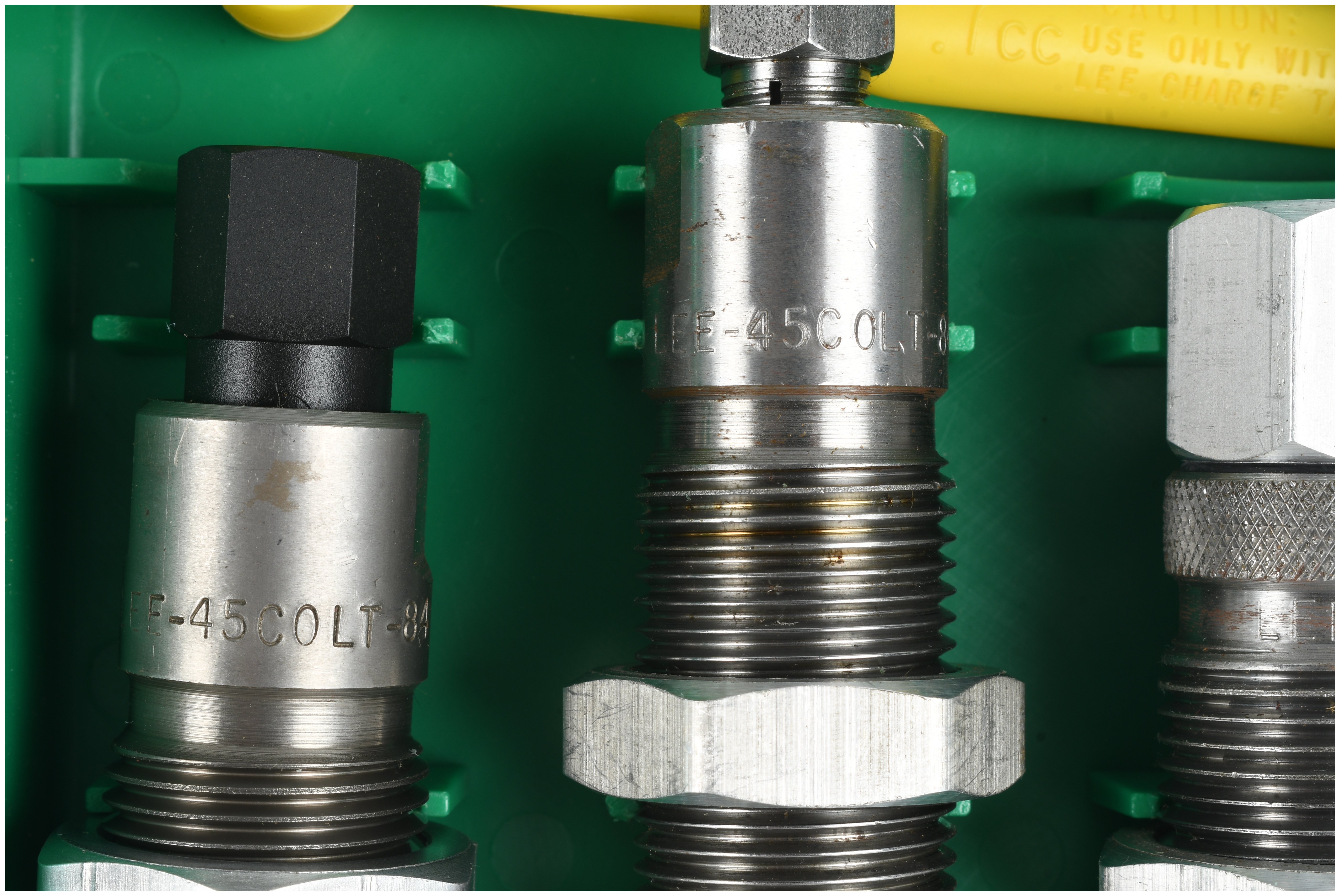 A 1 Die set of Lee .45 Colt Steel Reloading Dies in an RCBS Case