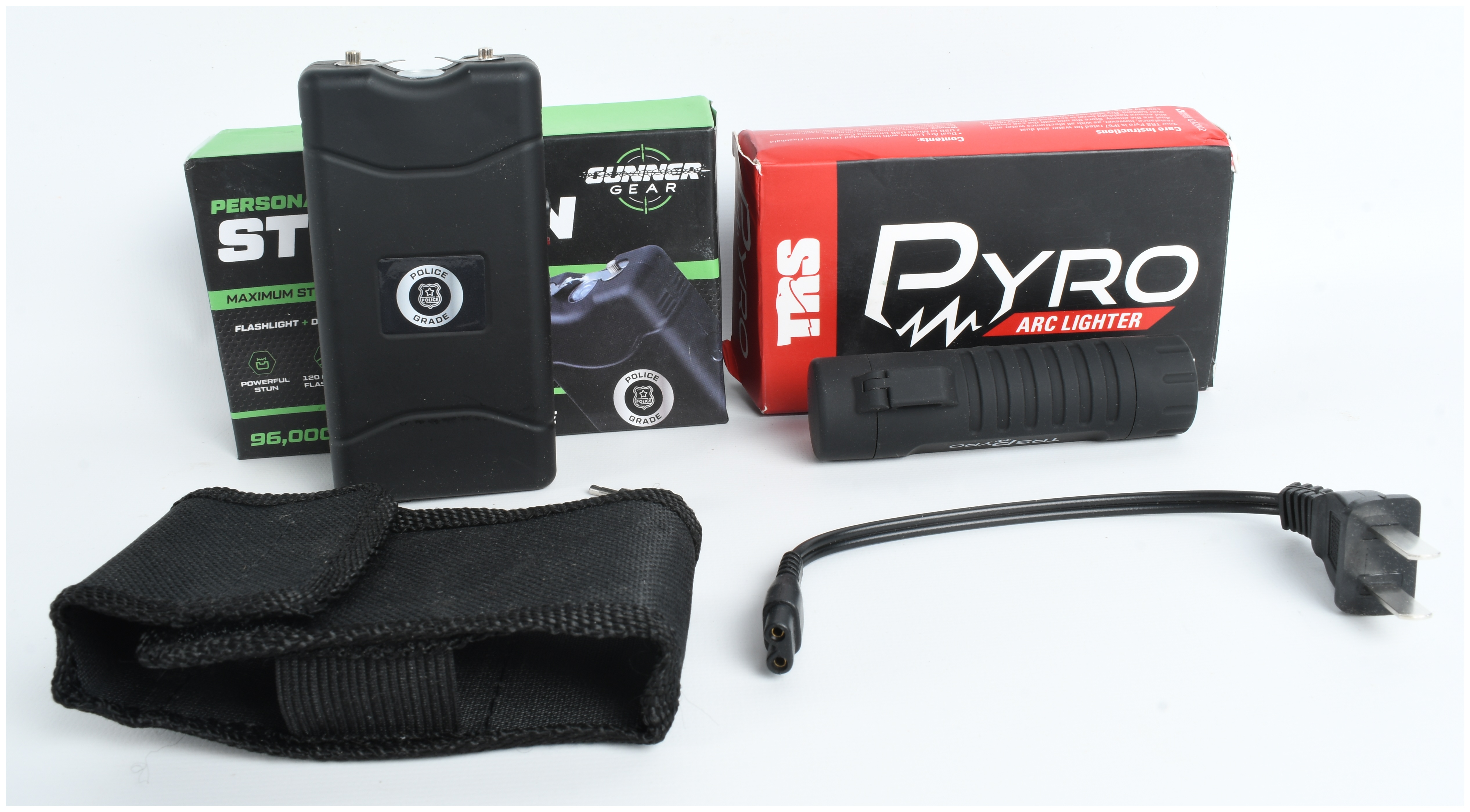 Two Personal Defense Devices Including a Gunner Gear Stun Gun and TRS Pyro Arc Lighter