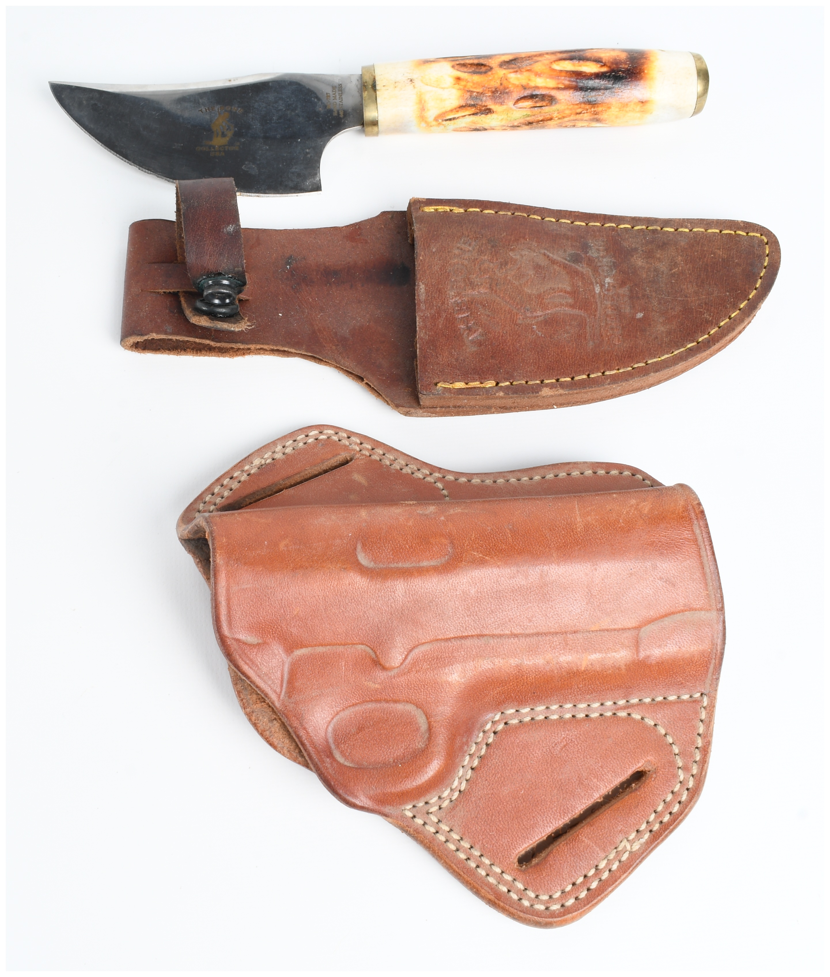 Two Items Including a Bone Collector Skinning Knife with Sheath and an Armadillo Leather Holster