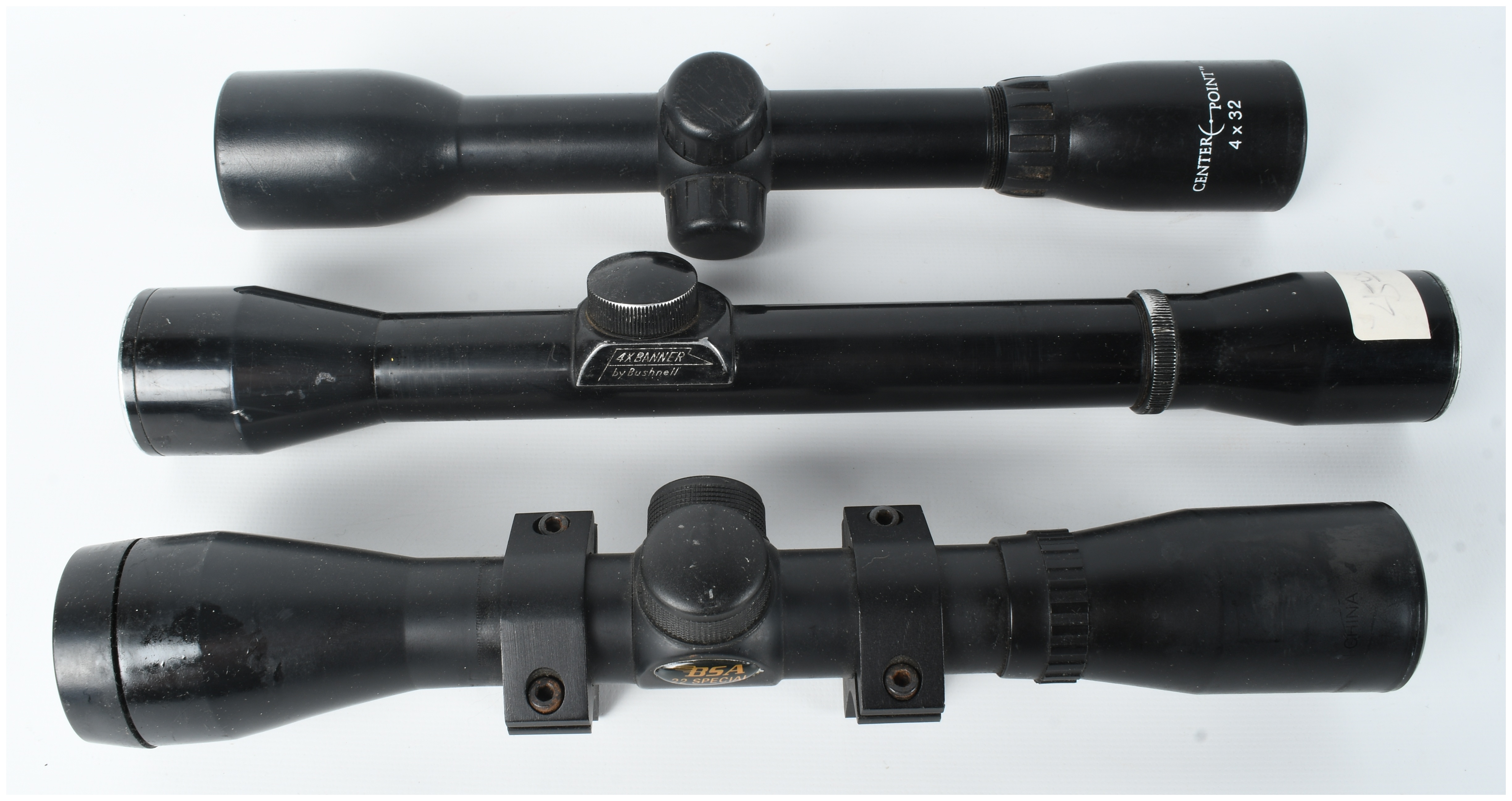 A Trio of Rifle Scopes Including CenterPoint, Bushnell, and BSA Models