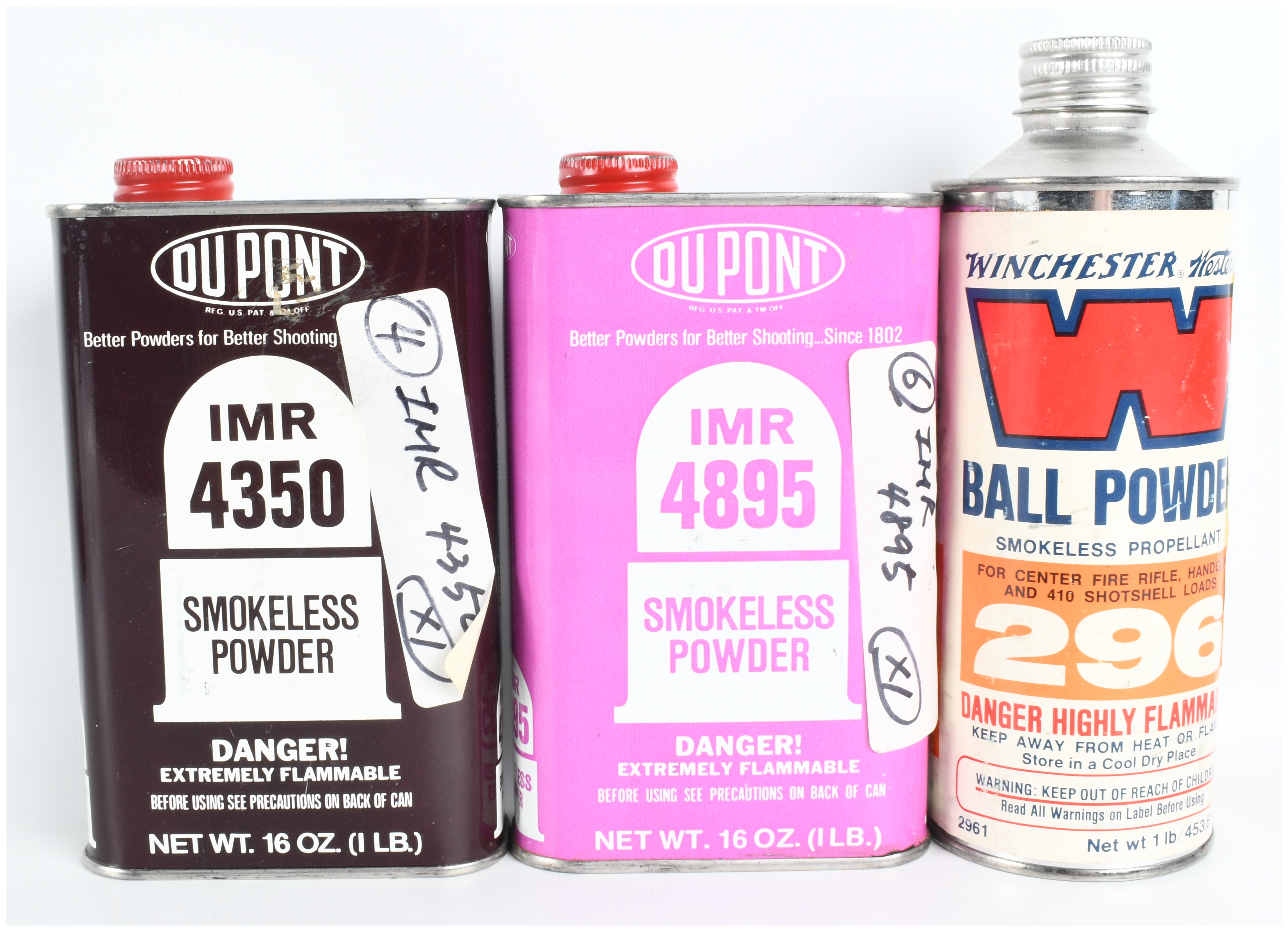 Three Vintage Metal Smokeless Gun Powder Tins including DuPont IMR and Winchester 296