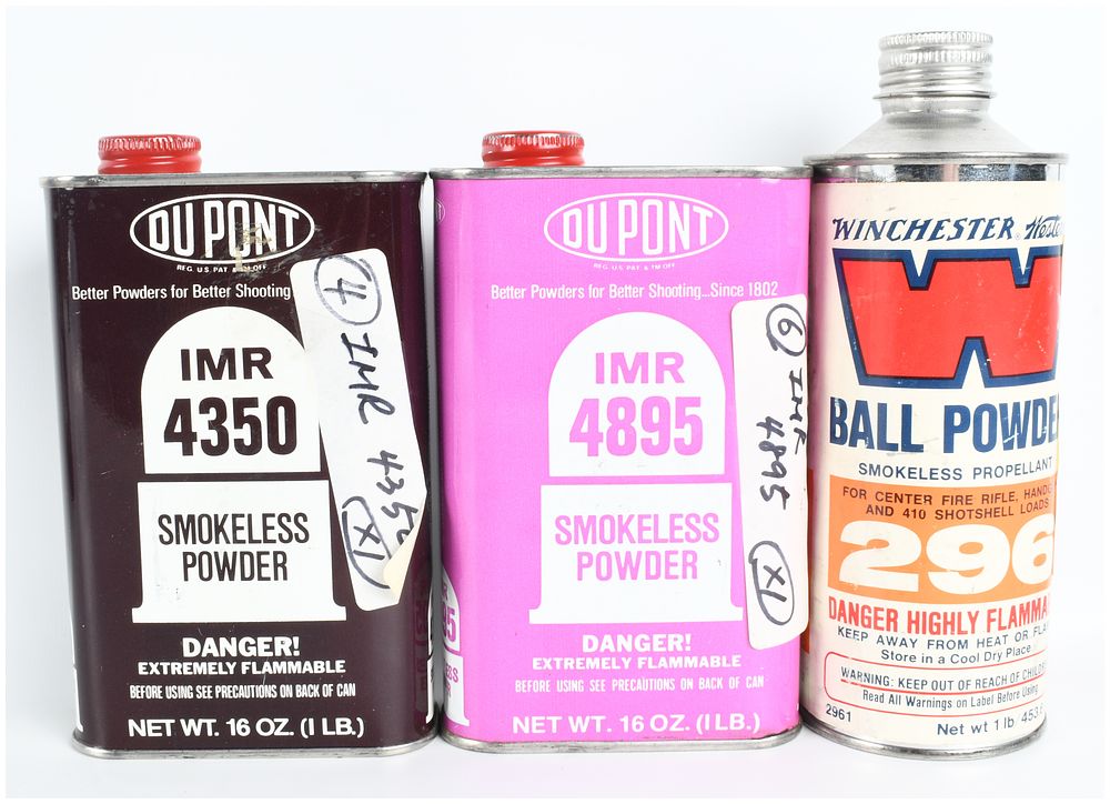 Lot 524: Three Vintage Metal Smokeless Gun Powder Tins including DuPont IMR and Winchester 296