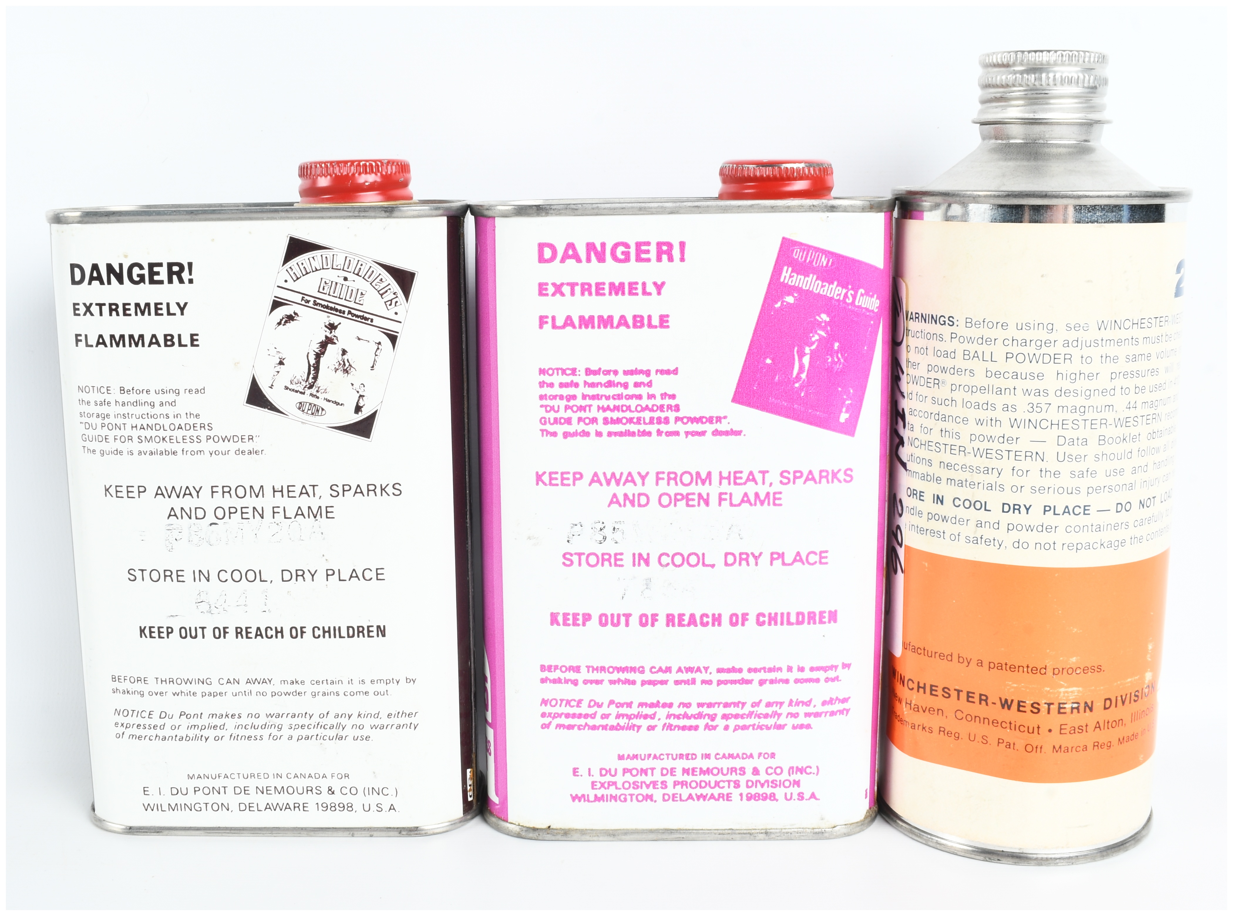 Three Vintage Metal Smokeless Gun Powder Tins including DuPont IMR and Winchester 296