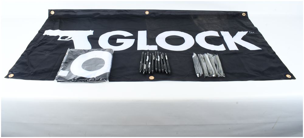 Lot 533: A Collection of Glock and Sig Sauer Promotional Merchandise Including Banners and Pens