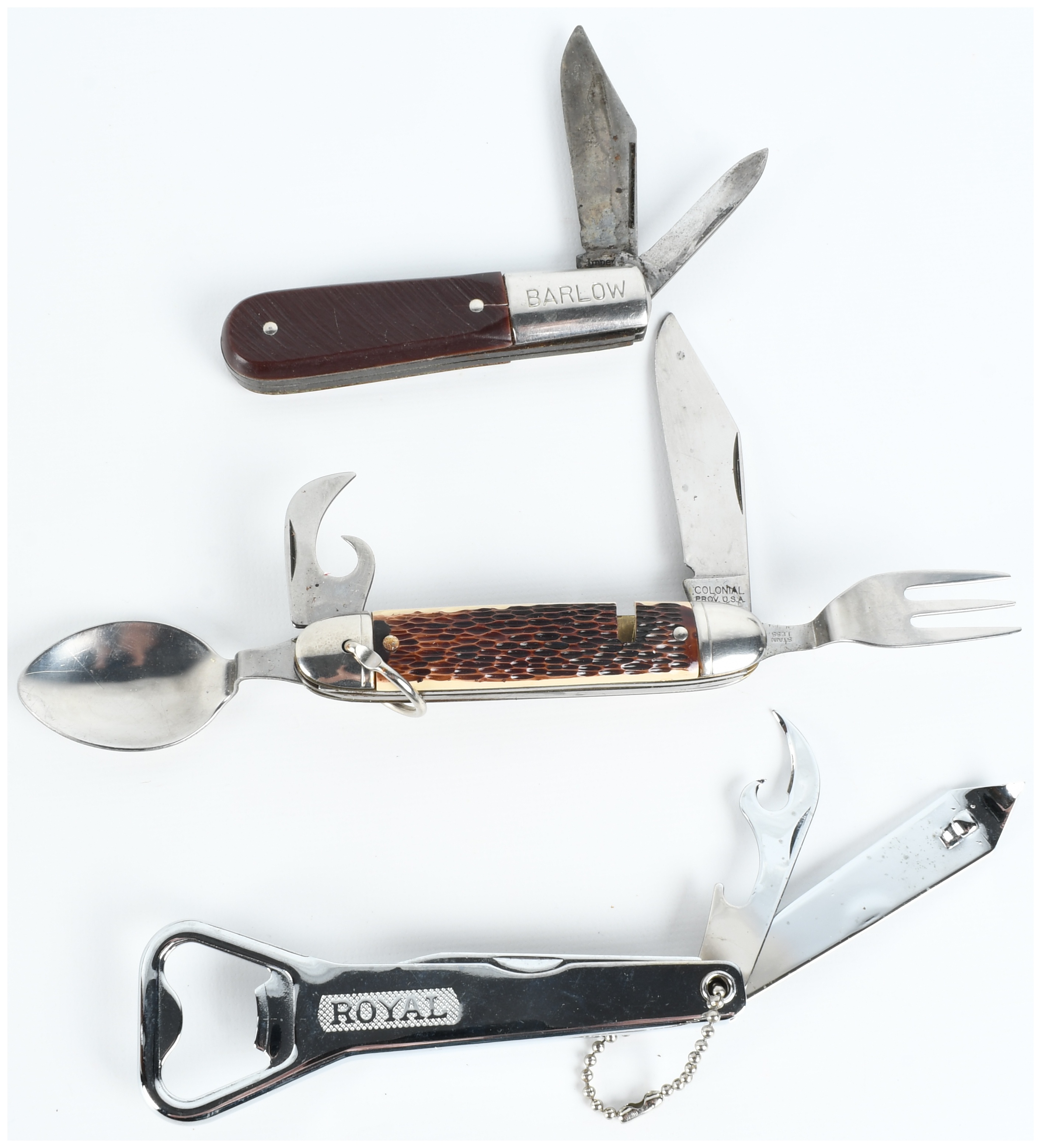 Three Vintage American Pocket Knives and Folding Multi Tools Including Imperial Barlow and Colonial Hobo