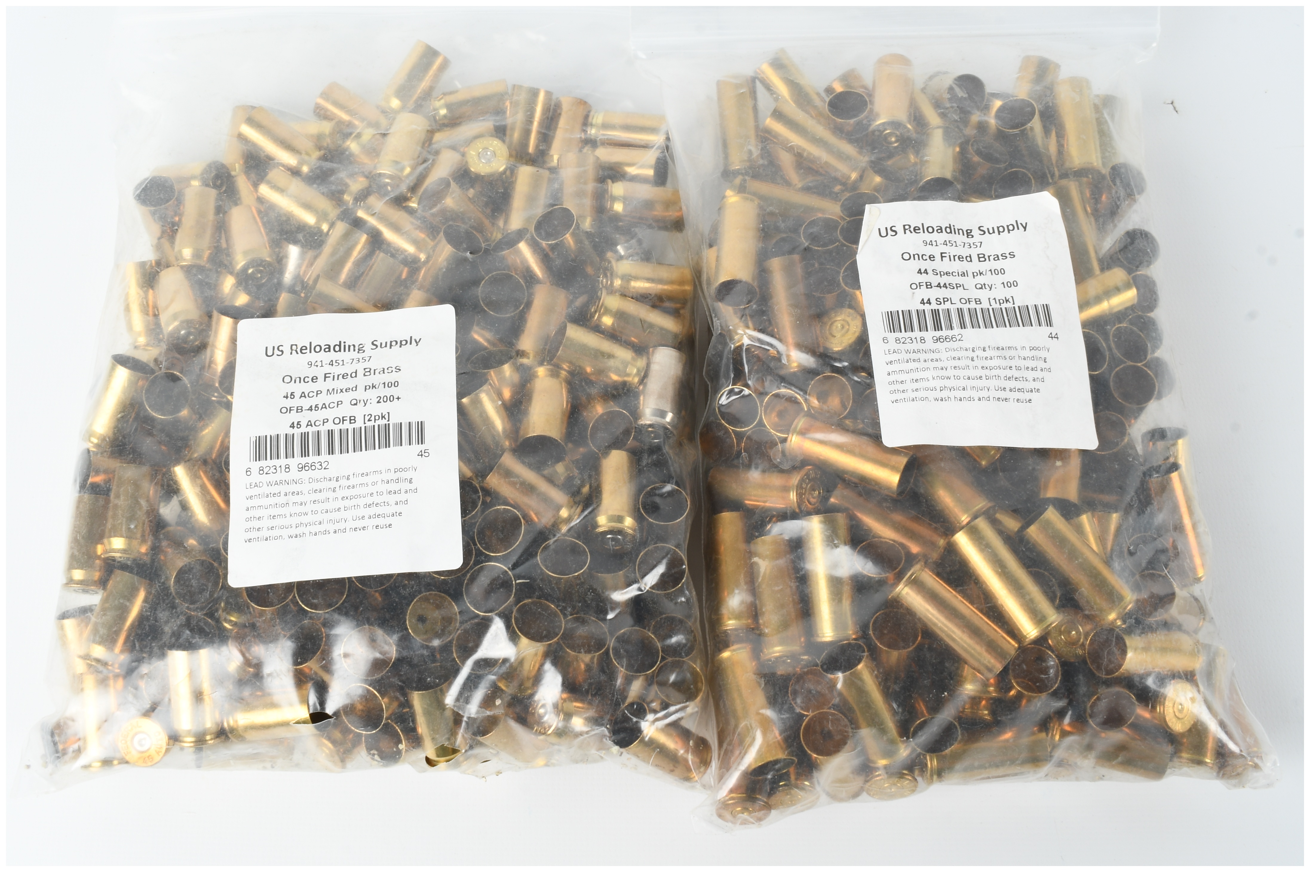 A Collection of 300 US Reloading Supply .45 ACP and .44 Special Once Fired Brass Casings