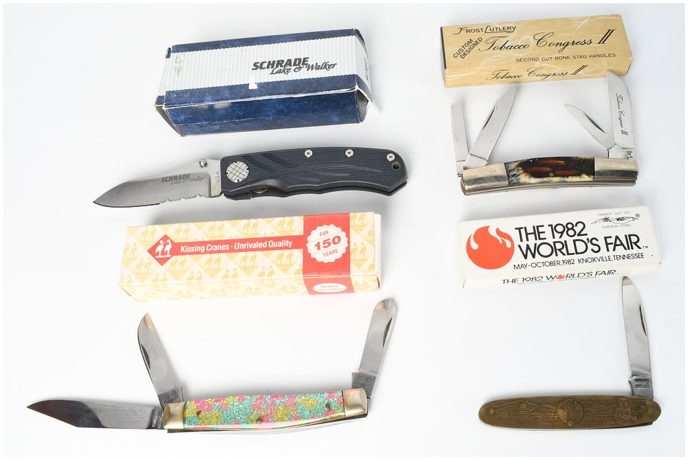 Lot 566: A Collection of Four Pocket Knives Including Schrade Kissing Cranes and Frost Cutlery with Boxes