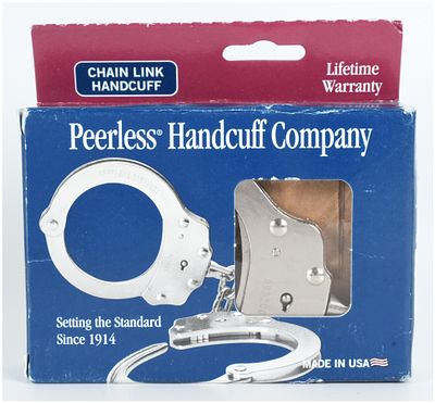 A Pair of Peerless Model 700C Nickel-Plated Chain Link Handcuffs with Original Box. A pair of 