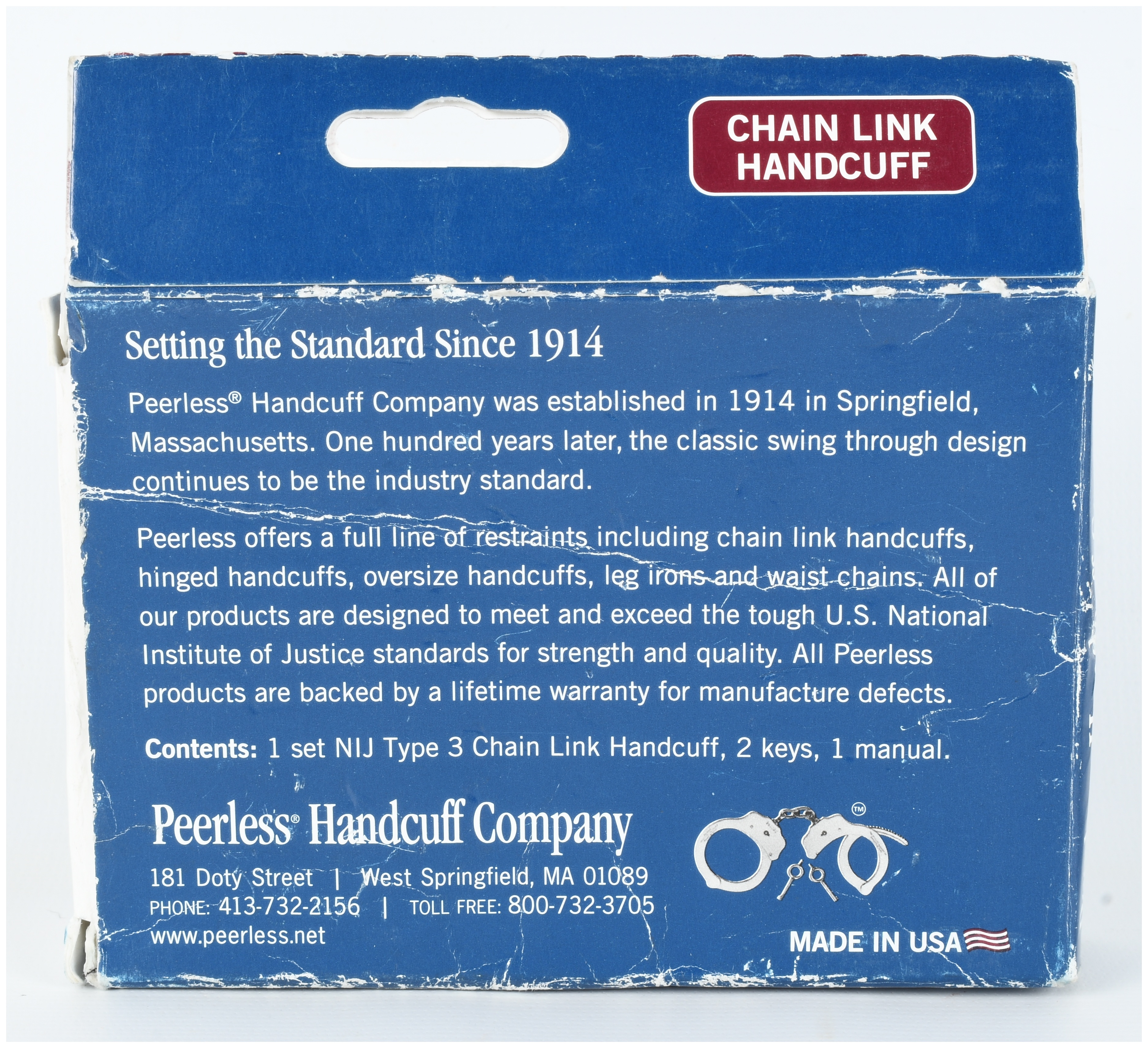 A Pair of Peerless Model 700C Nickel-Plated Chain Link Handcuffs with Original Box