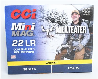 A Lot of 300 Rounds CCI Mini-Mag MeatEater Ammunition .22 LR. This lot consists of a 300-count 