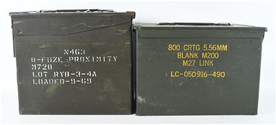 Two United States Military Surplus Metal Ammunition Containers, Vietnam War and GWOT Eras. This 