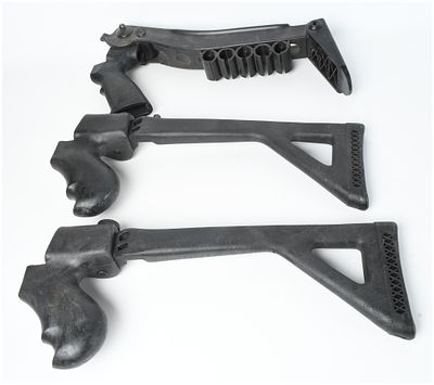 Three Tactical Shotgun Stocks Including Choate Top-Folding Model. This lot consists of three 
