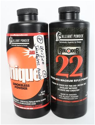 Two 1 lb. Canisters of Alliant Smokeless Powder. This lot features two 1 lb. canisters 