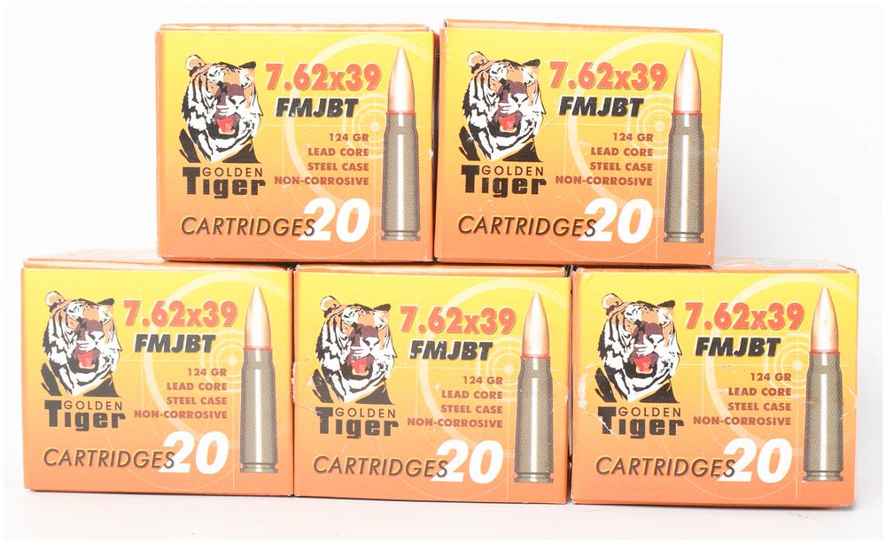 Lot 1066: A Lot of 100 Rounds Golden Tiger 124 Grain FMJBT Ammunition 7.62x39mm