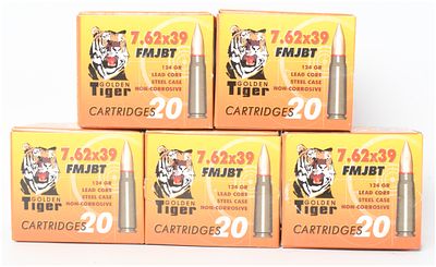 A Lot of 100 Rounds Golden Tiger 124 Grain FMJBT Ammunition 7.62x39mm. This lot consists of 100 