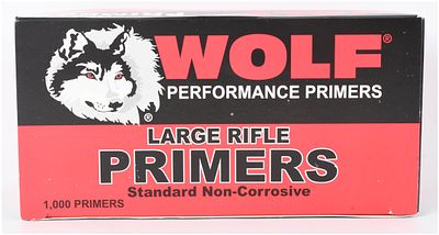 Wolf Performance Large Rifle Primers, 1,000 Count. One box of 1,000 Wolf Performance Primers 