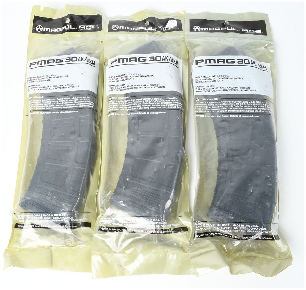 Lot 1075: Three Magpul PMAG 30 AK/AKM MOE Rifle Magazines 7.62x39mm