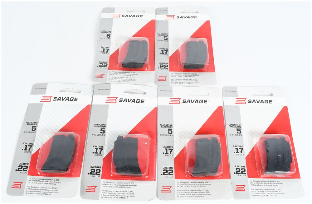 Lot 1082: A Lot of 6 Savage 90005 Bolt Action Magazines .22 LR and .17 Mach 2