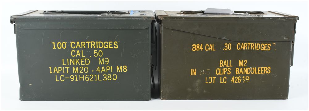 Lot 1087: Two US Military Steel Ammunition Cans, .50 Caliber and .30 Caliber, 11x6x8