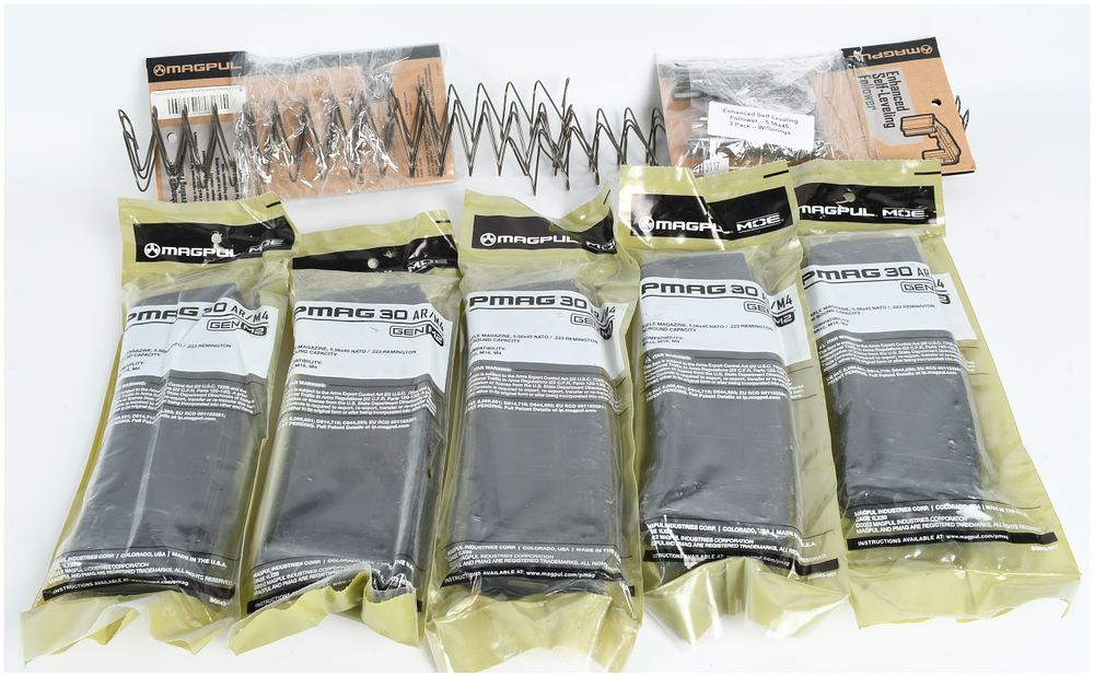 Lot 1145: A Group of Seven Magpul PMAG 30 AR/M4 Gen M2 MOE Magazines and Enhanced Self-Leveling Follower Kits