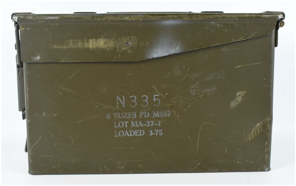 Lot 1171: US Military Steel Storage Ammo Can 12x6x7 with M557 Artillery Fuze Markings Dated 1975