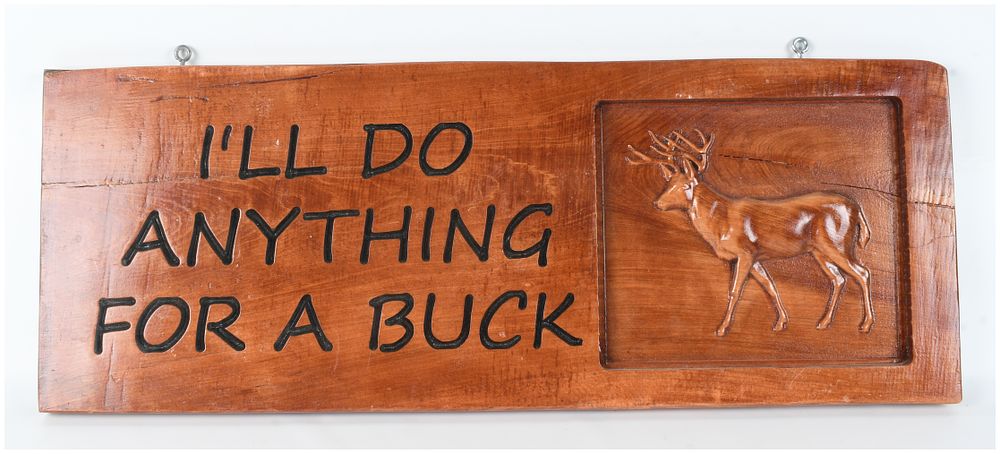 Lot 1196: American Carved Curly Maple Novelty Wall Plaque with Deer Relief