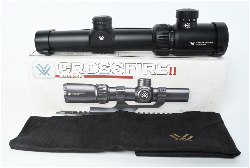 Lot 1255: Vortex Crossfire II Rifle Scope 1-4x24 with V-Brite Reticle and Original Box