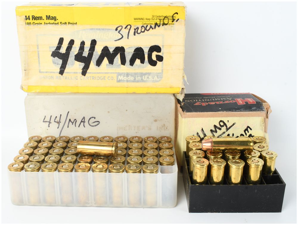 Lot 1303: A Collection of 57 Live Rounds and 50 Empty Brass Casings of .44 Remington Magnum Ammunition