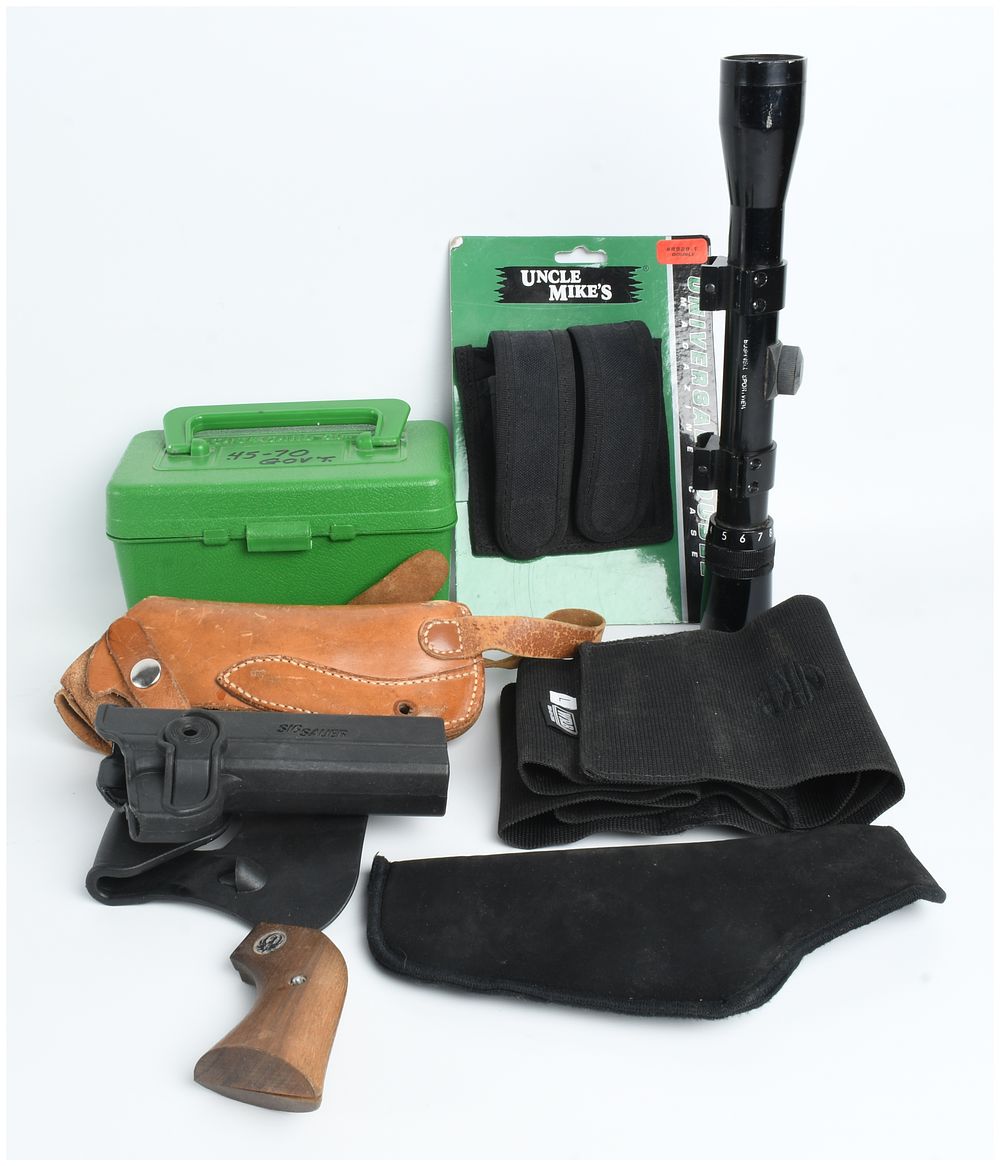 Lot 1346: An Assortment of Eight Firearm Accessories including a Bushnell Rifle Scope and Ruger Grips