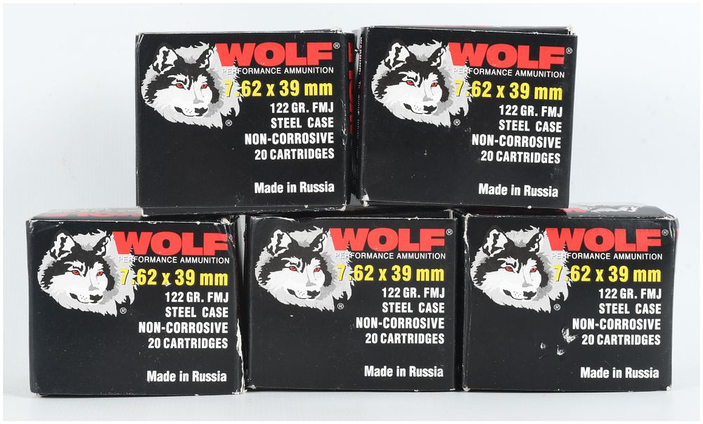 Lot 1366: A Lot of 100 Rounds of Wolf Performance Ammunition 7.62x39mm 122 Grain Full Metal Jacket