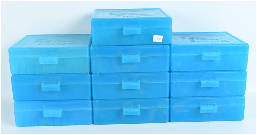 Lot 1495: 10 Dillon Precision Blue Plastic Ammunition Storage Boxes