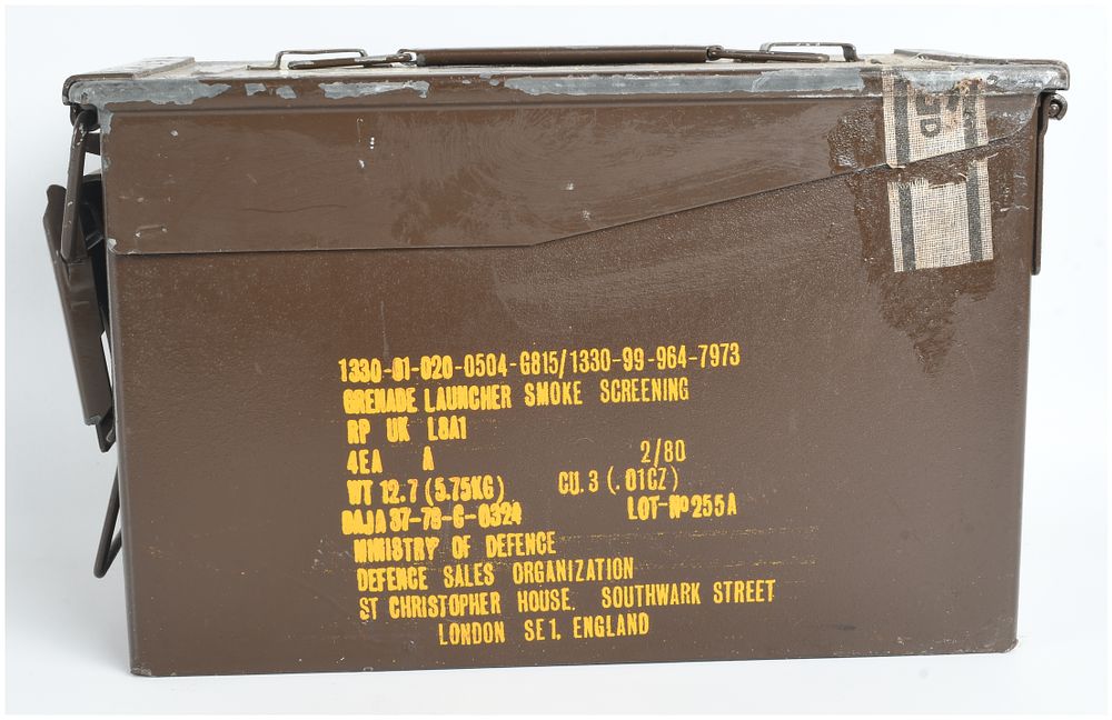 Lot 1549: British Ministry of Defense Steel Ammo Can for Smoke Screening Grenades Dated 1980