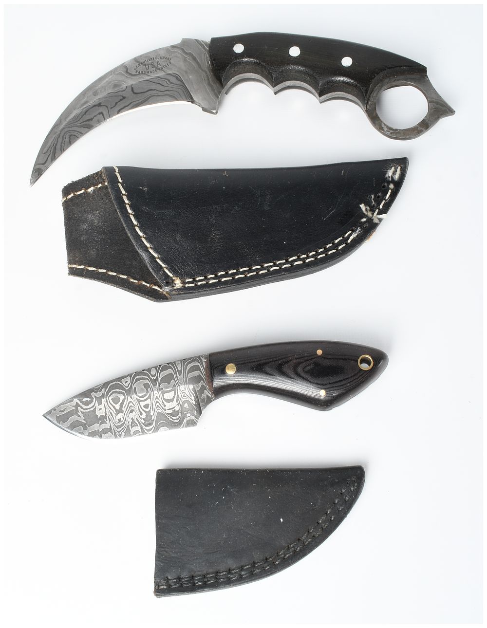 Lot 1565: Two Fixed Blade Damascus Steel Knives including a CFK Cutlery Company Karambit and a Custom Camping Knife with Leather Sheaths