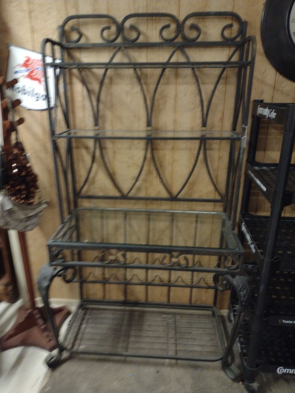 Lot 263: Wrought Iron Bakers / Wine Rack W/Glass Shelves No Shipping Local Pickup Only