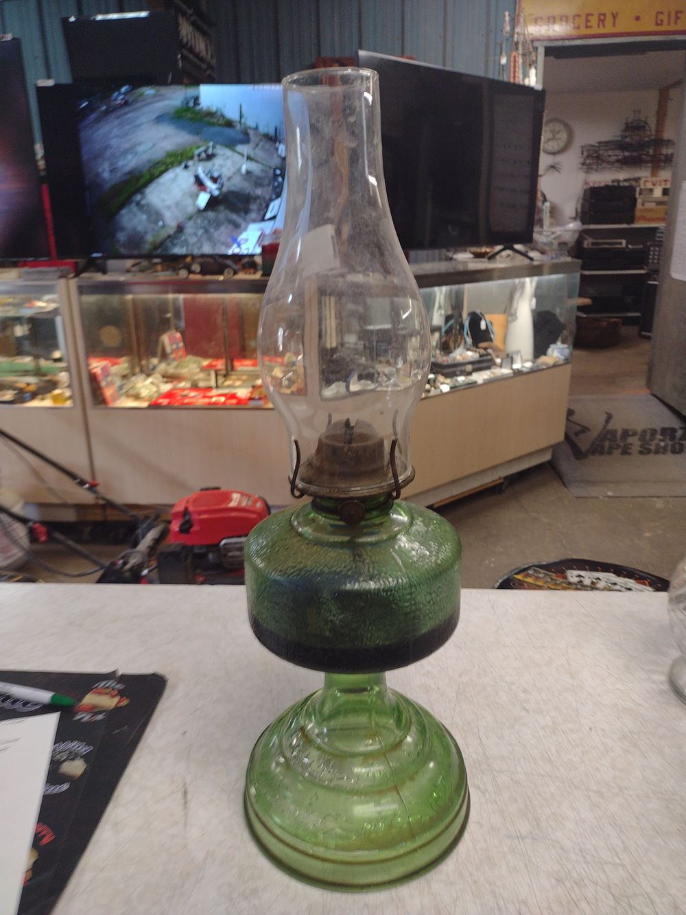 Lot 287: Vintage Green Oil Lamp Base and clear chimney globe No Shipping Local Pickup Only