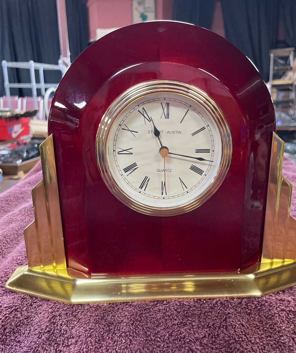 Lot 185: Stuart-Austin Maroon and Gold Art Deco Style Mantel Clock