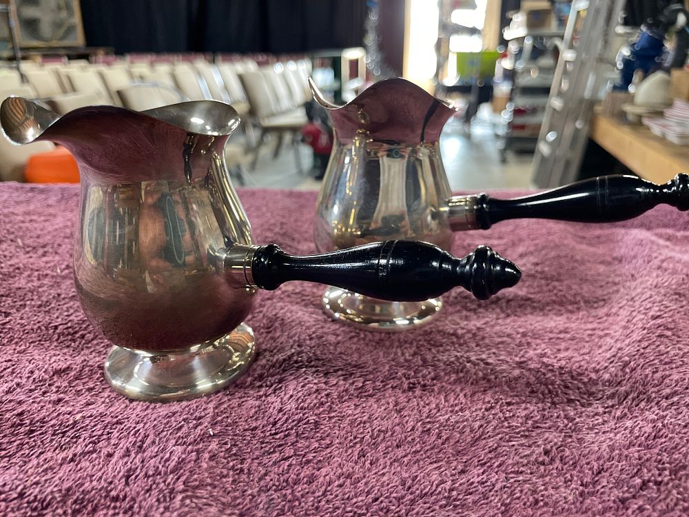 Lot 230: A Pair of Silver-Colored Metal Sauce Warmers, One with Crescent Mark