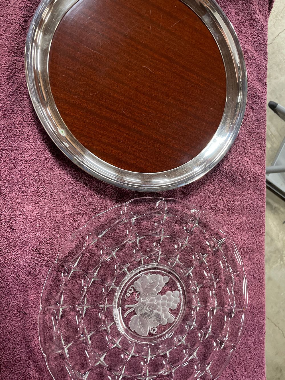 Lot 251: A Crescent Silver-Plated and Formica Serving Tray and a Pressed Glass Platter