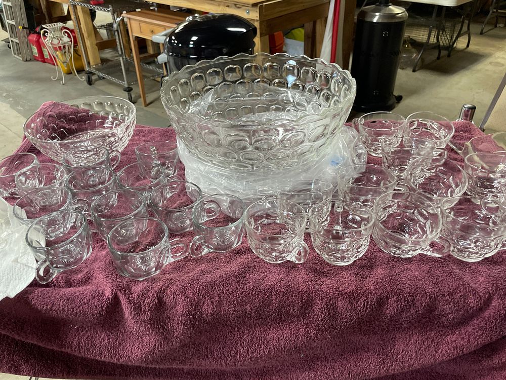 Lot 257: A Federal Glass Yorktown Punch Bowl Set, Comprising Two Bowls and At Least Twenty-Two Cups