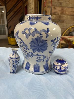 Three Blue and White Chinoiserie Porcelain Decorative Items. A large white and blue patterned 