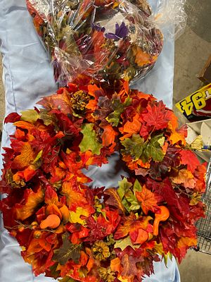 Artificial Autumn Candle Wreath and Foliage Lot. This lot includes one large artificial autumn 