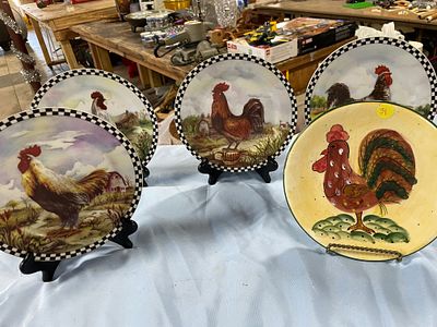 5 Yellow Decorative Plates with Rooster chickens. 5 Ceramic Decorative Plates with Rooster