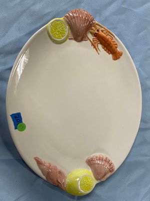 Vintage MCM Italian Ceramic Seafood Serving Platter. A white oval-shaped ceramic serving platter 
