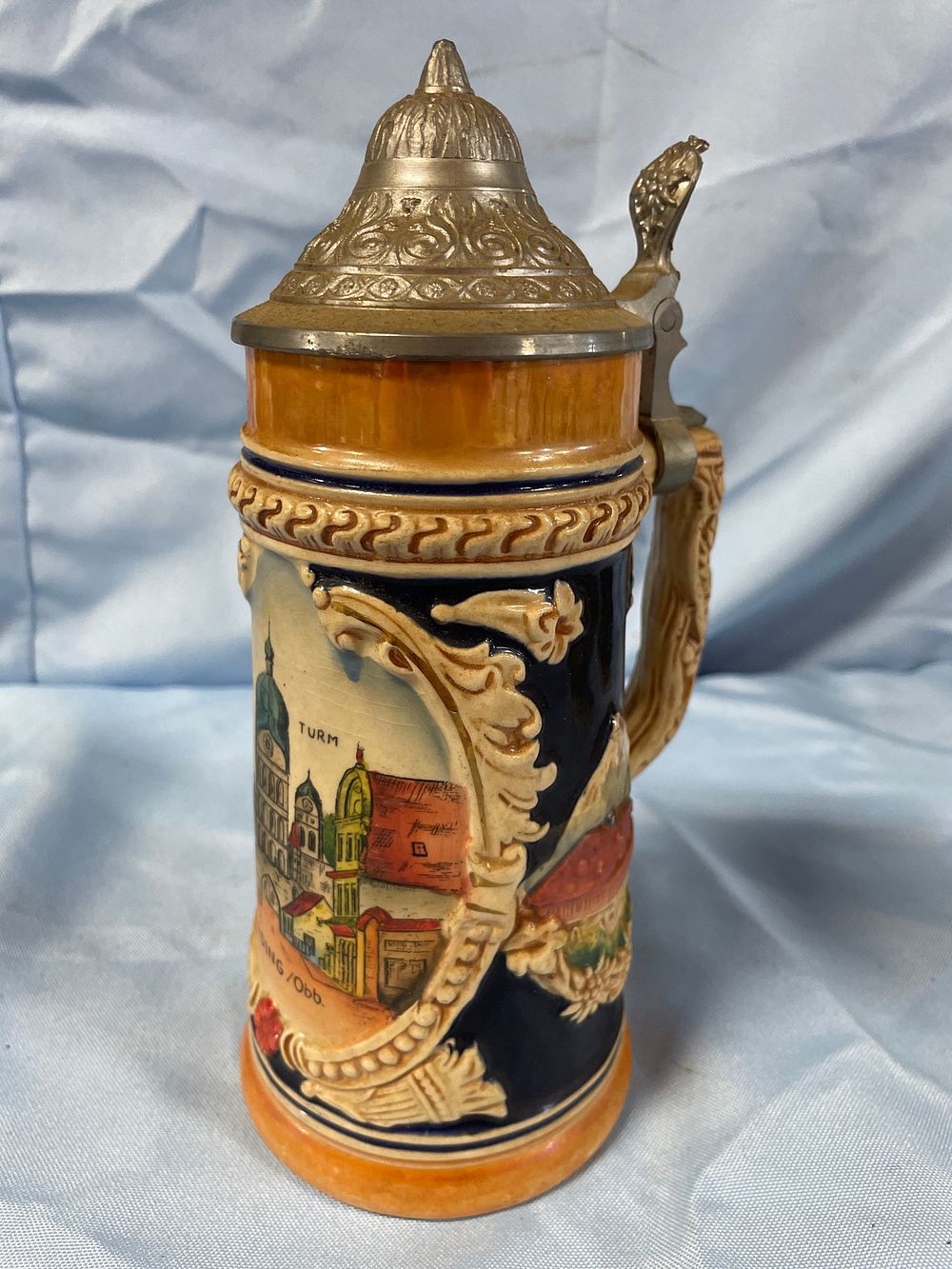 Lot 173: One German Ceramic Scenic Beer Stein with Pewter Lid