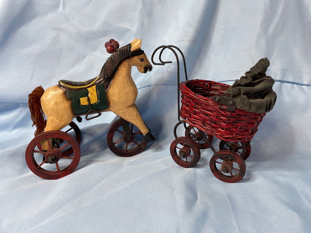 Lot 236: A Pair of Folk Art Wooden Horse and Wicker Carriage