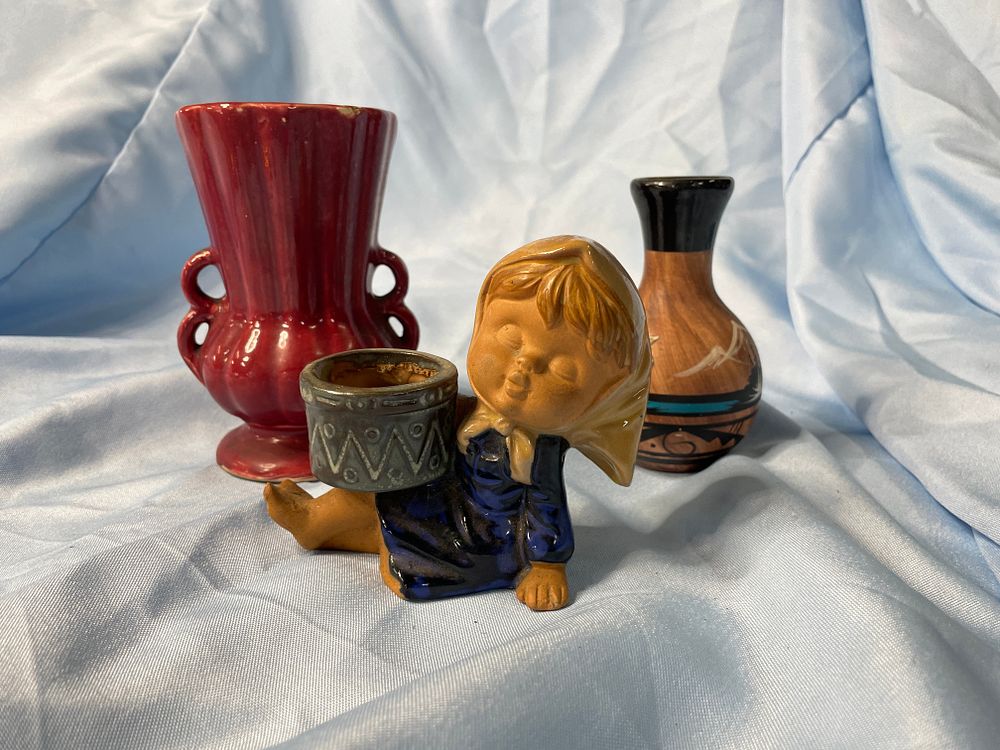 Lot 286: Three Ceramic Items: McCoy Vase, Navajo Vase, and Figurine