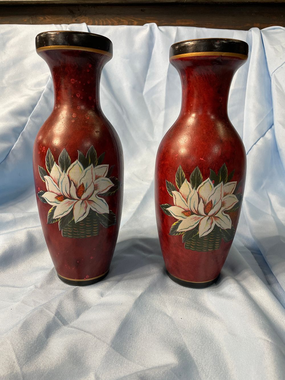 Lot 288: A Pair of Japanese Ginbari Cloisonne Pigeon Blood Red Floral Vases